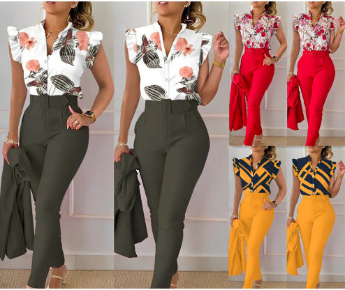 Ensemble haut et pantalon imprimé à manches volantées et ceinture, couleur unie