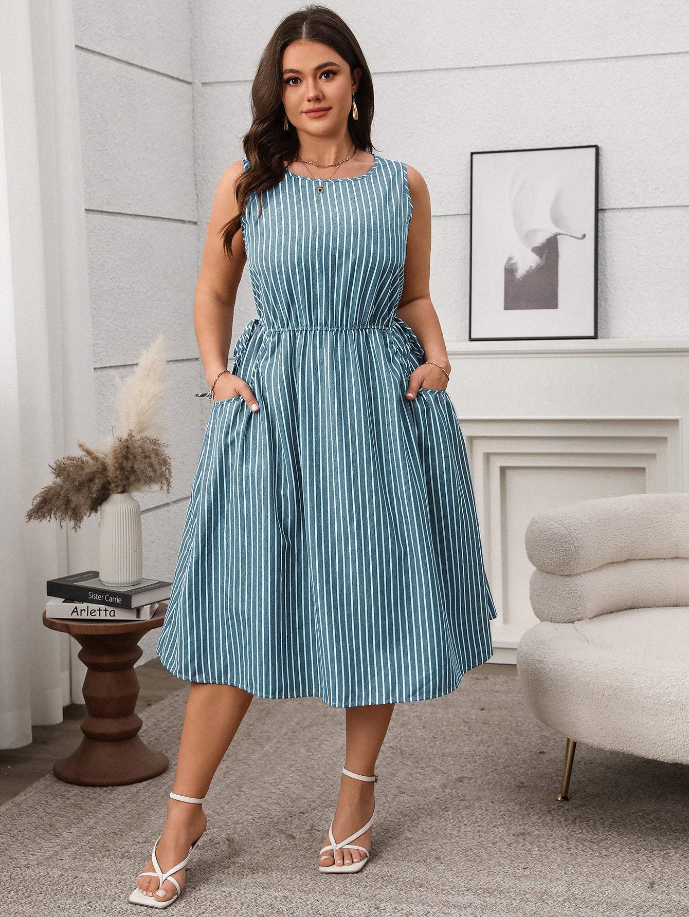 Contrast Color Striped Sleeveless Pocket Fashion Dress