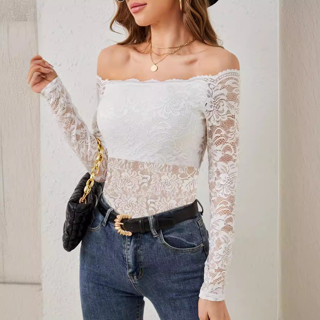 Elegant Fan-shaped Collar Off-shoulder Lace Top