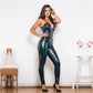Combinaison en cuir bleu brillant Melody de Shascullfites, combinaison longue pour femme, débardeur à fermeture éclair, salopette en cuir PU