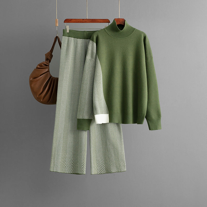 Half Turtleneck Loose Knitted Top Wide Leg Pants Two-piece Set