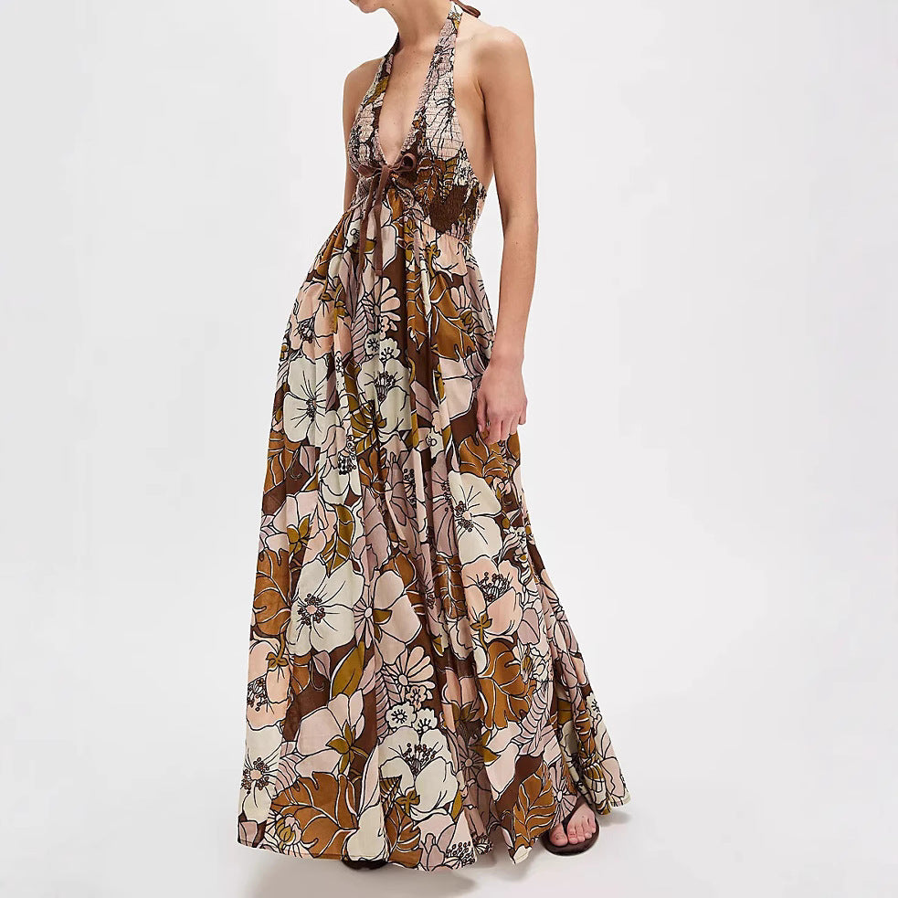 V-neck Resort-style Backless Sleeveless Printed Dress