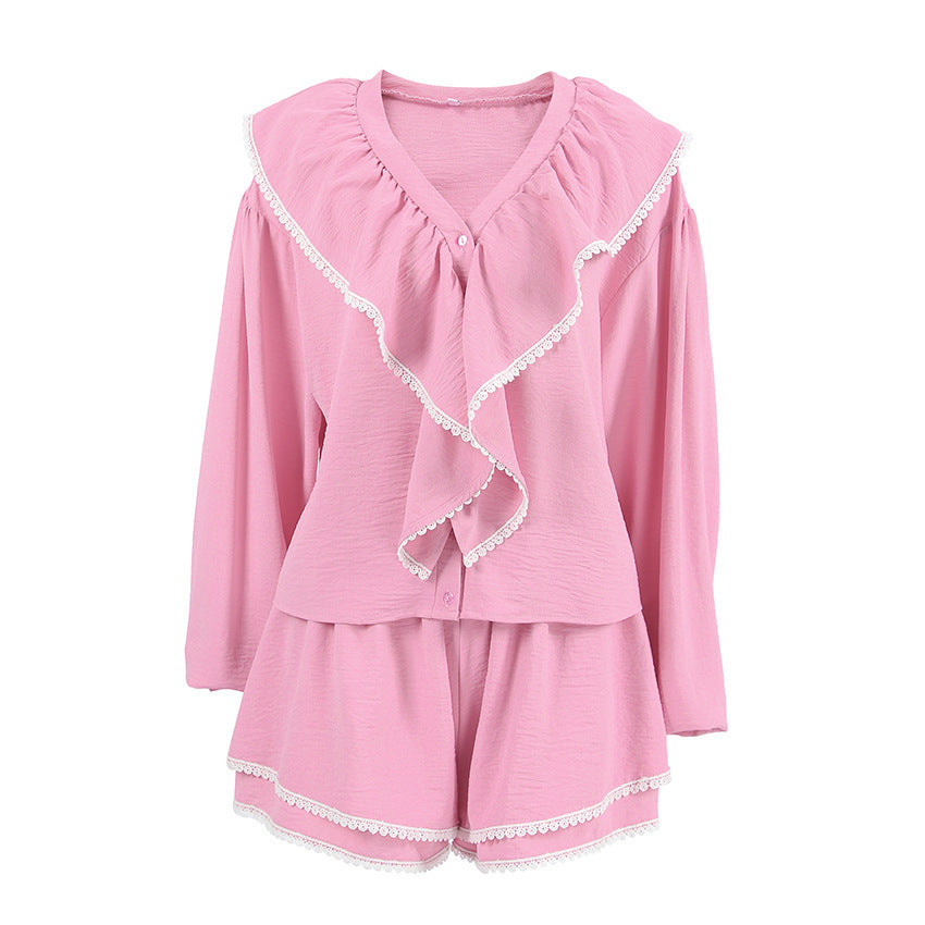 Layered Ruffled Lapel Lantern Sleeve Loose Two-piece Suit