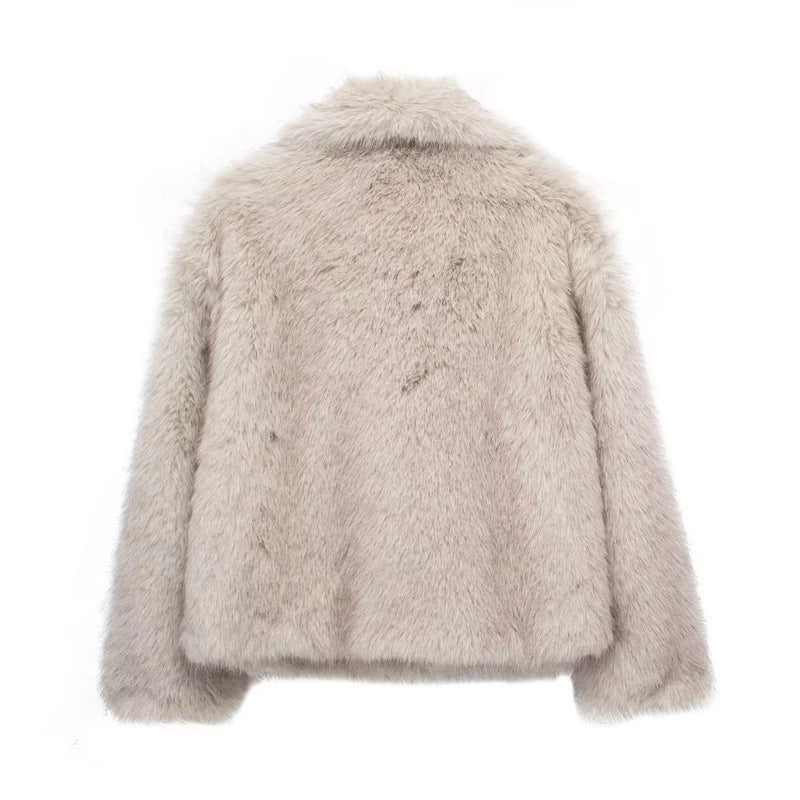 Cardigan à revers et manches longues en fausse fourrure pour femme, manteau court et ample