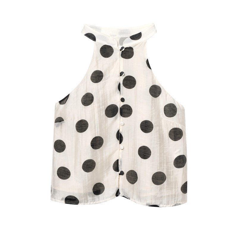 Polka Dot Hanging Collar Top Pleated Decorative Casual Shorts