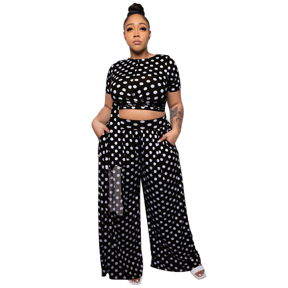 Women's Fashionable Casual Plus-Size Two-Piece Set With Polka-Dot Print
