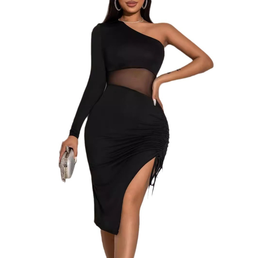 Drawstring See-through Tight Shoulder Long Sleeve Lace Mesh Body Shaping Dress
