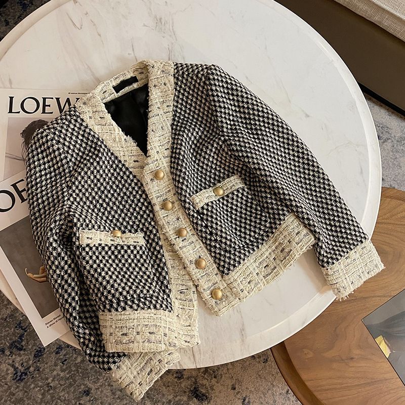 Female Thousand Bird Plaid Contrast Short Tweed Retro Coat