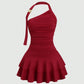 One-Shoulder Halterneck Slimming Waist-Cinching Pleated Skirt Pure And Alluring Versatile Off-Shoulder Dress