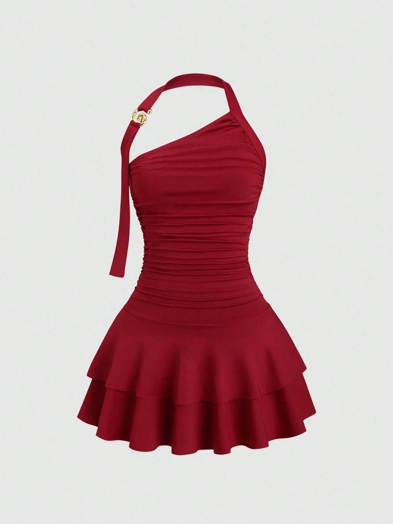 One-Shoulder Halterneck Slimming Waist-Cinching Pleated Skirt Pure And Alluring Versatile Off-Shoulder Dress