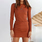 Drawstring Knitted Mid-waist Long Sleeve Dress