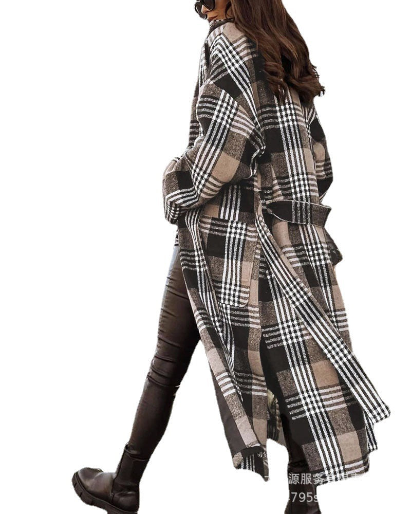 Manteau long à carreaux pour femmes européennes et américaines