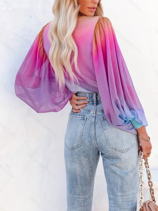 Women's Gradient See-through Chiffon Fashion Printed Shirt