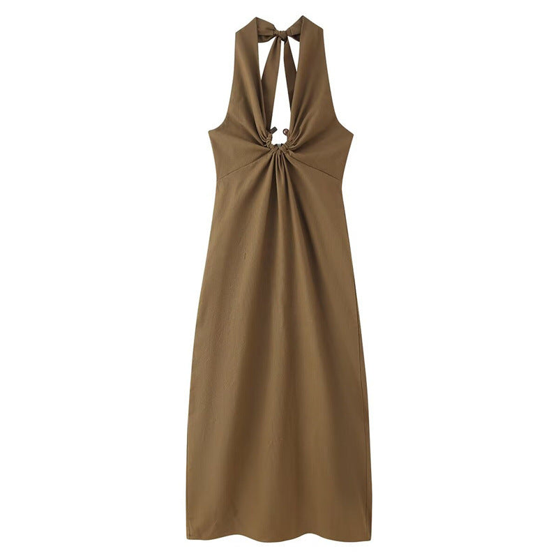 Linen Blended Buckle Decoration Midi Skirt Halter Dress