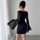 Bell Sleeve Split Solid Color Lace Stitching Square Collar Hip Dress