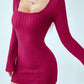 Women's Square-neck Ribbed Long-sleeve Slim-fit Solid-color Dress