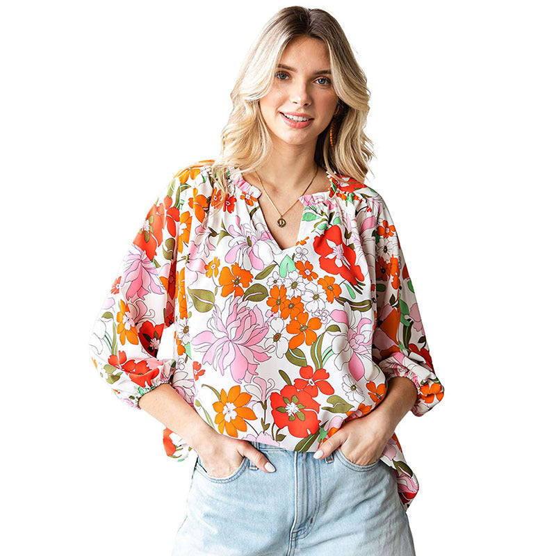 Women's Ruffled Collar Colorful Flowers Ruffled Shirt Top