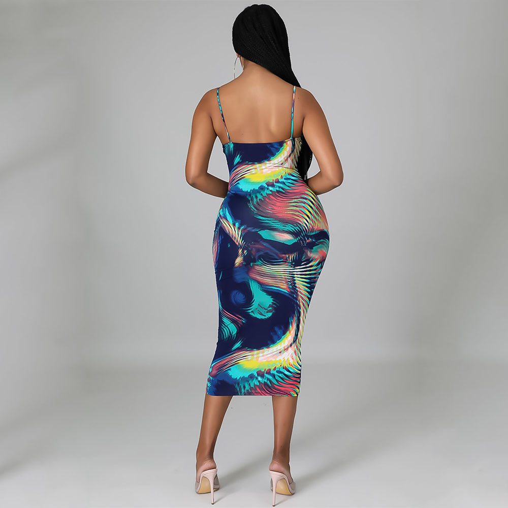 Fashion Digital Print Suspender Dress