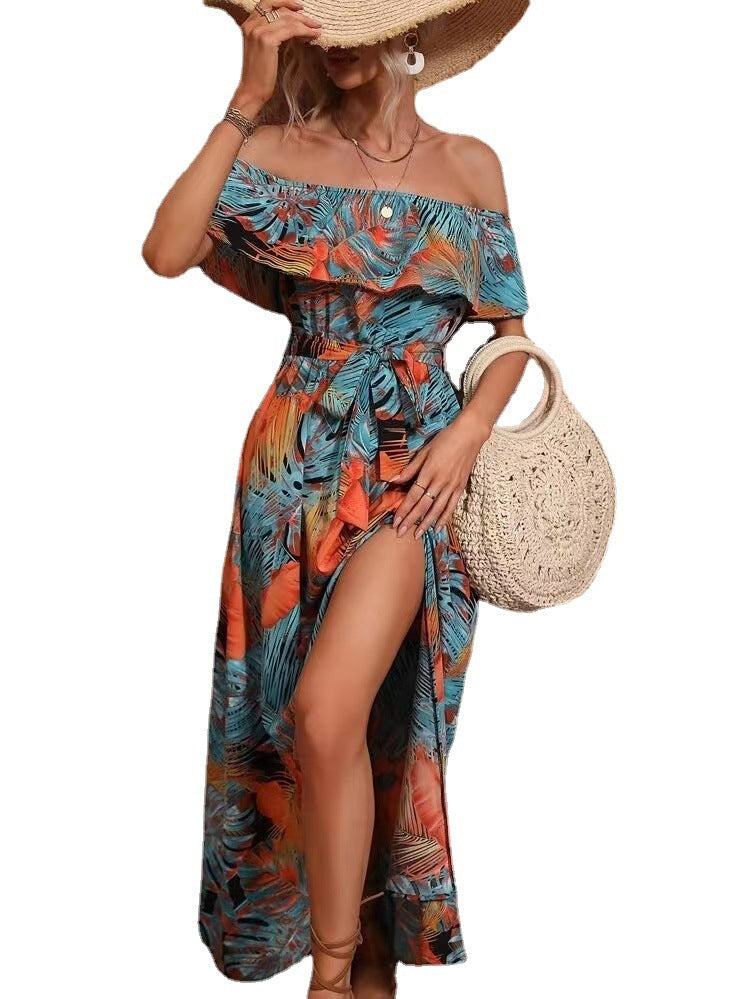 Women's Off-neck Ruffled Tied Waist Dress