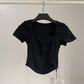 T-shirt court taille haute pour femme, haut court et sexy, moulant, à manches courtes et ourlet incurvé, été