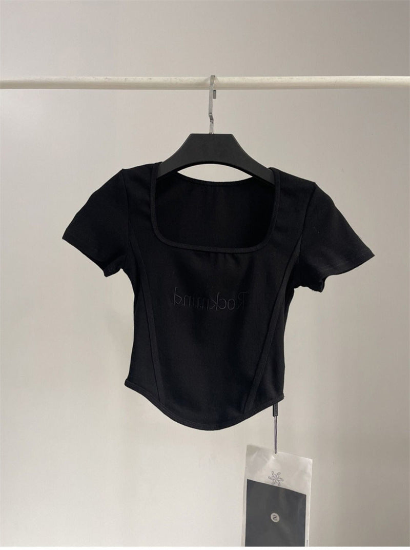 T-shirt court taille haute pour femme, haut court et sexy, moulant, à manches courtes et ourlet incurvé, été