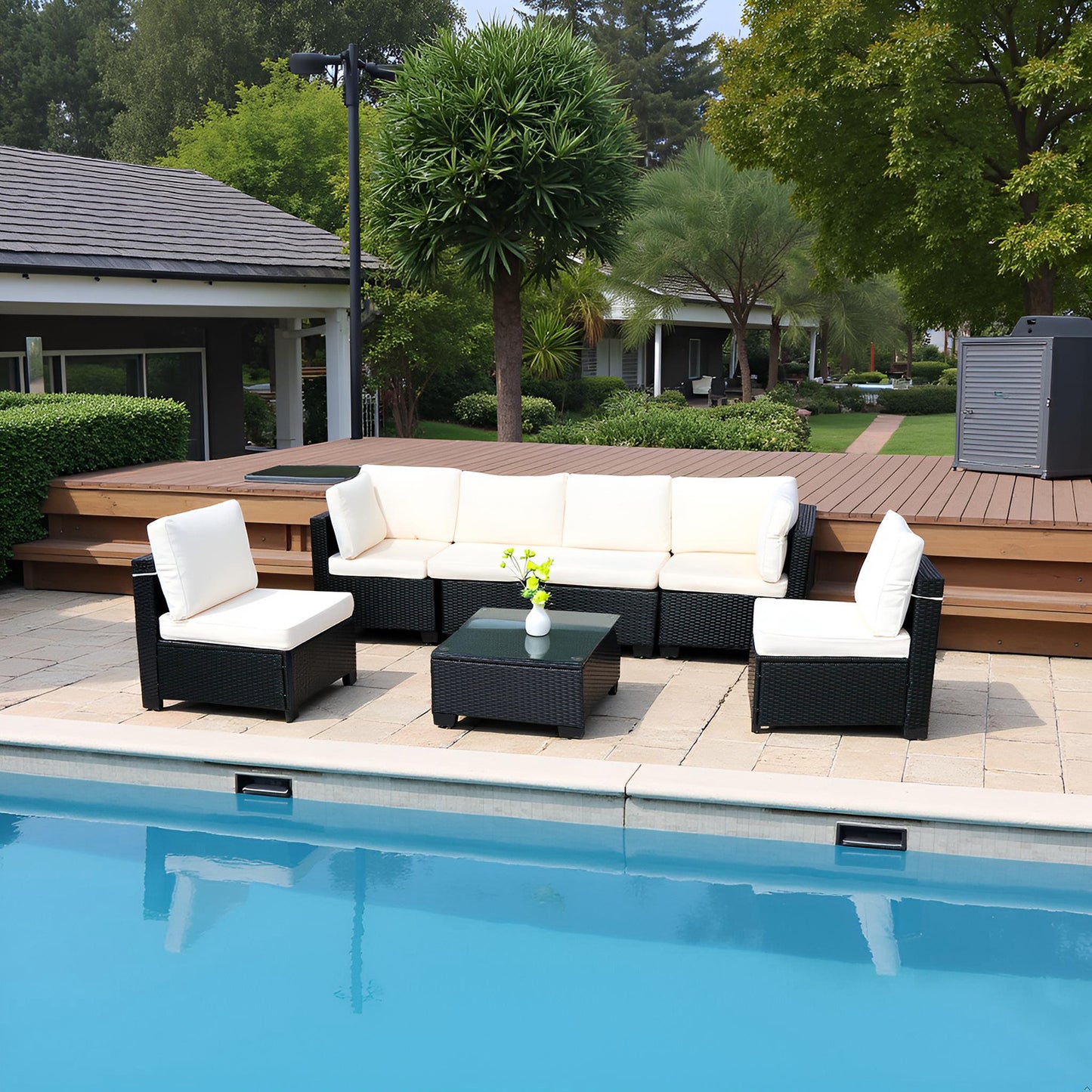 Selling Seven-Piece Sofa Set Table With Sofa Chair Black PE Rattan Outdoor New Design Furniture 7-JH002 Box 3-1-2-3 With White Color Cushion