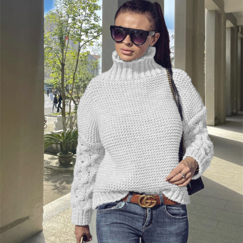 Loose Cable-knit Solid Color Turtleneck Sweater For Women