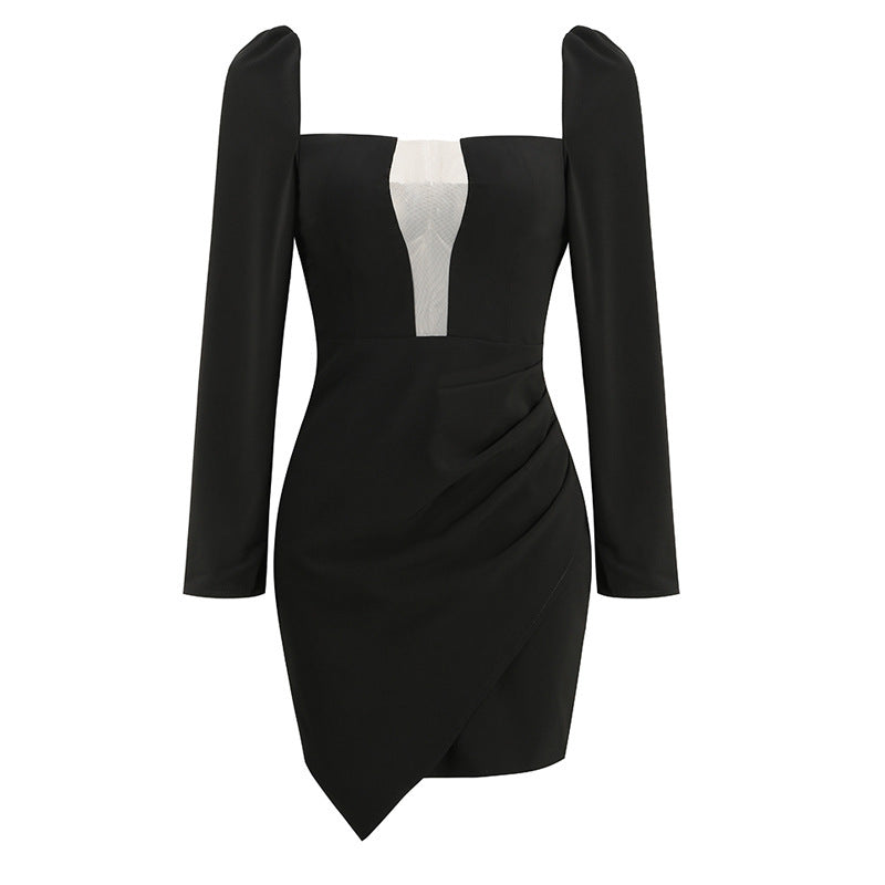 Women's Square Neck Long Sleeve Slim Hip Dress Women