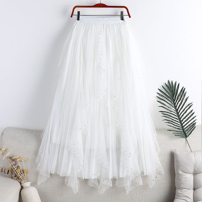 Jupe trapèze longue à ourlet large et maille irrégulière, nouvelle collection printemps et été, avec perles et strass