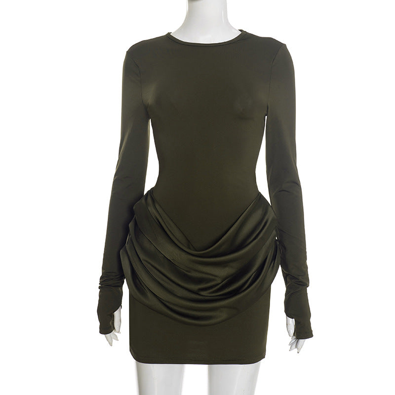 Casual Slim-fit Crew-neck Long-sleeve Ruched Mini Dress