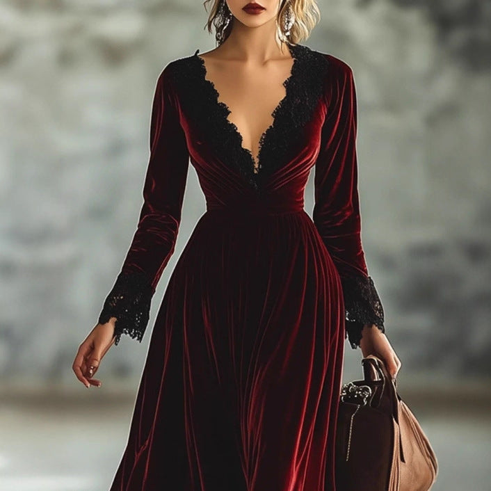 Retro V-neck Lace-seam Long-sleeve Maxi Dress