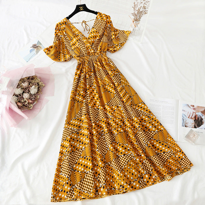 Chiffon Dress Female French Platycodon Floral Long Skirt Waist Was Thinner