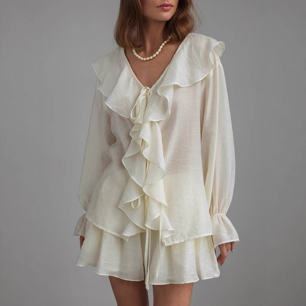 French-style V-neck Ruffled Shirt And Shorts Set