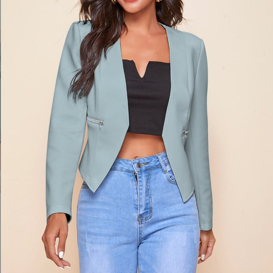 Long Sleeve Cardigan Zipper Pocket Jacket Top Small Suit