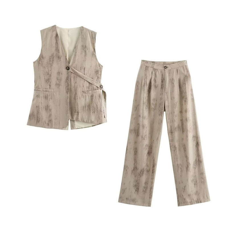European And American V-neck Buttons Decorative Lace-up Sleeveless Waistcoat Vest Wide-leg Casual Pants Suit