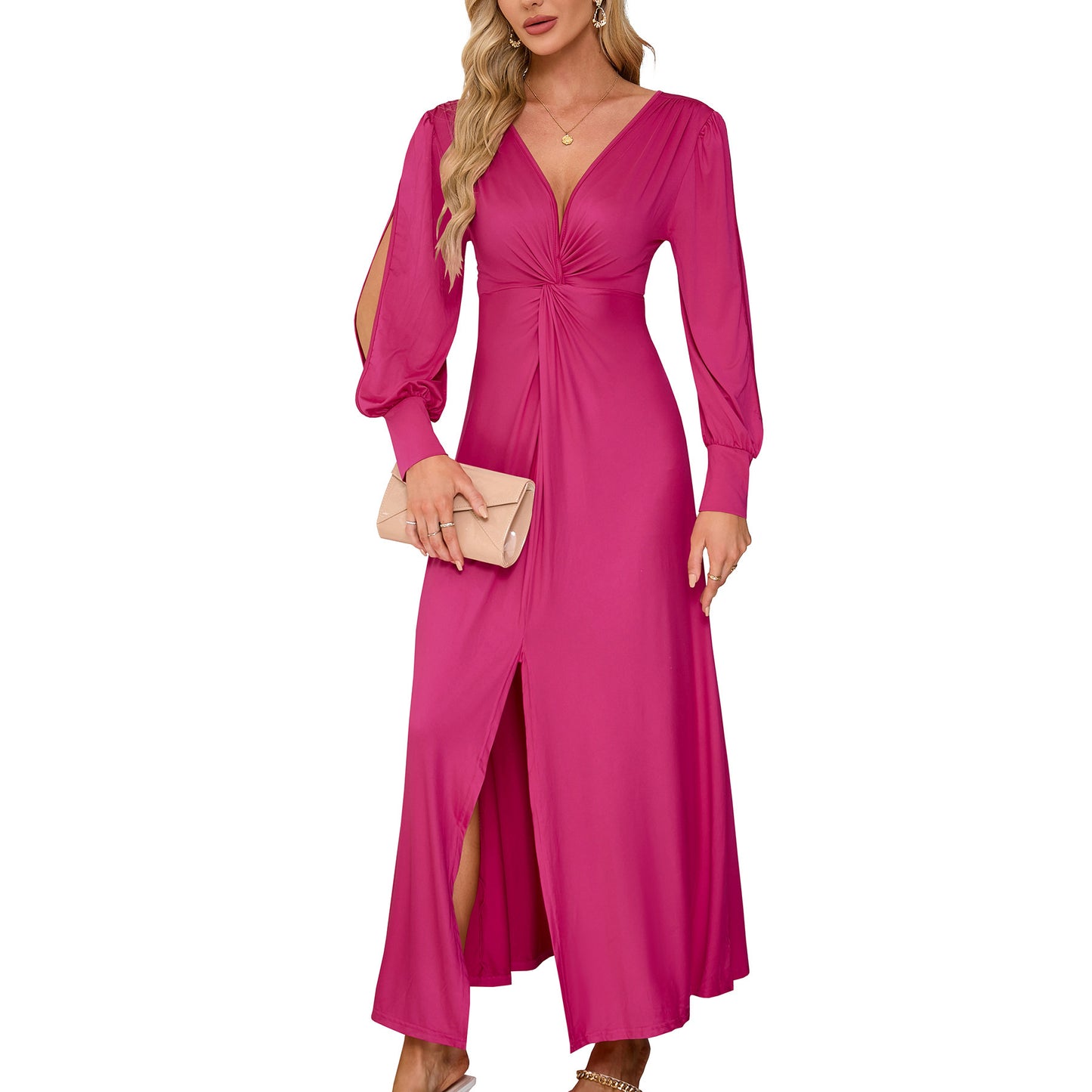 Robe plissée à col en V et fente sur la poitrine