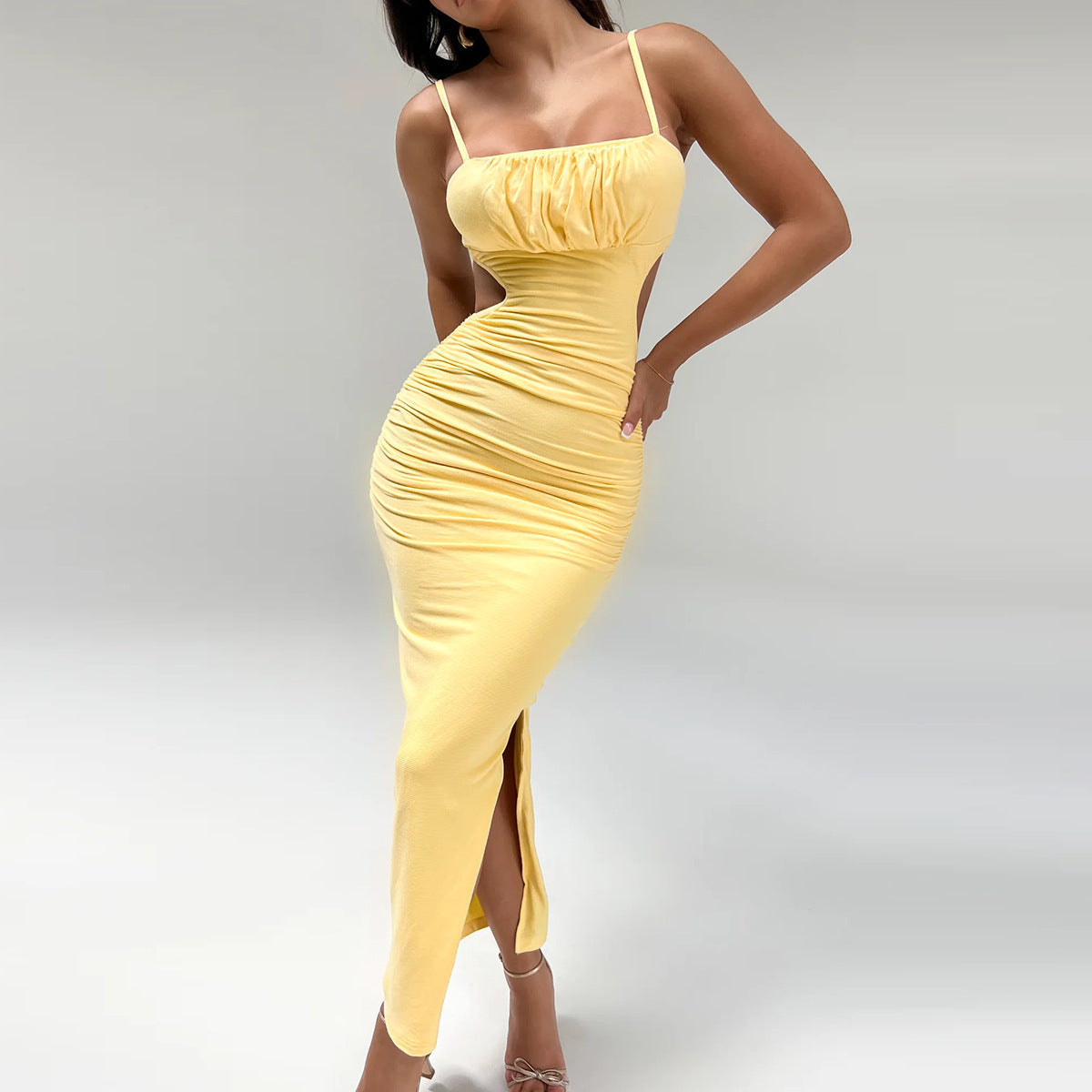 Backless Ruffle Hip Side Slit Long Dress
