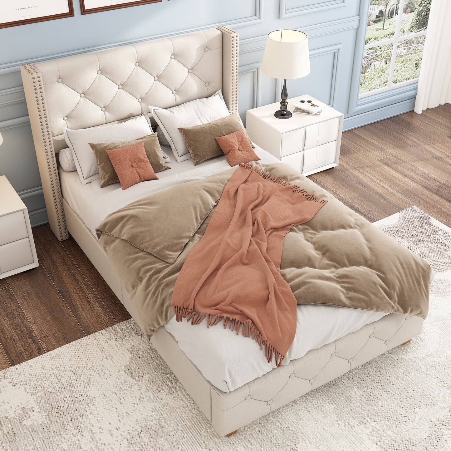 Upholstered Bed,Single Bed-3ft  90x190cm ,With Slatted Frame And Headboard, Button Upholstery, Rivet Upholstery, Wooden Legs, Linen, Beige