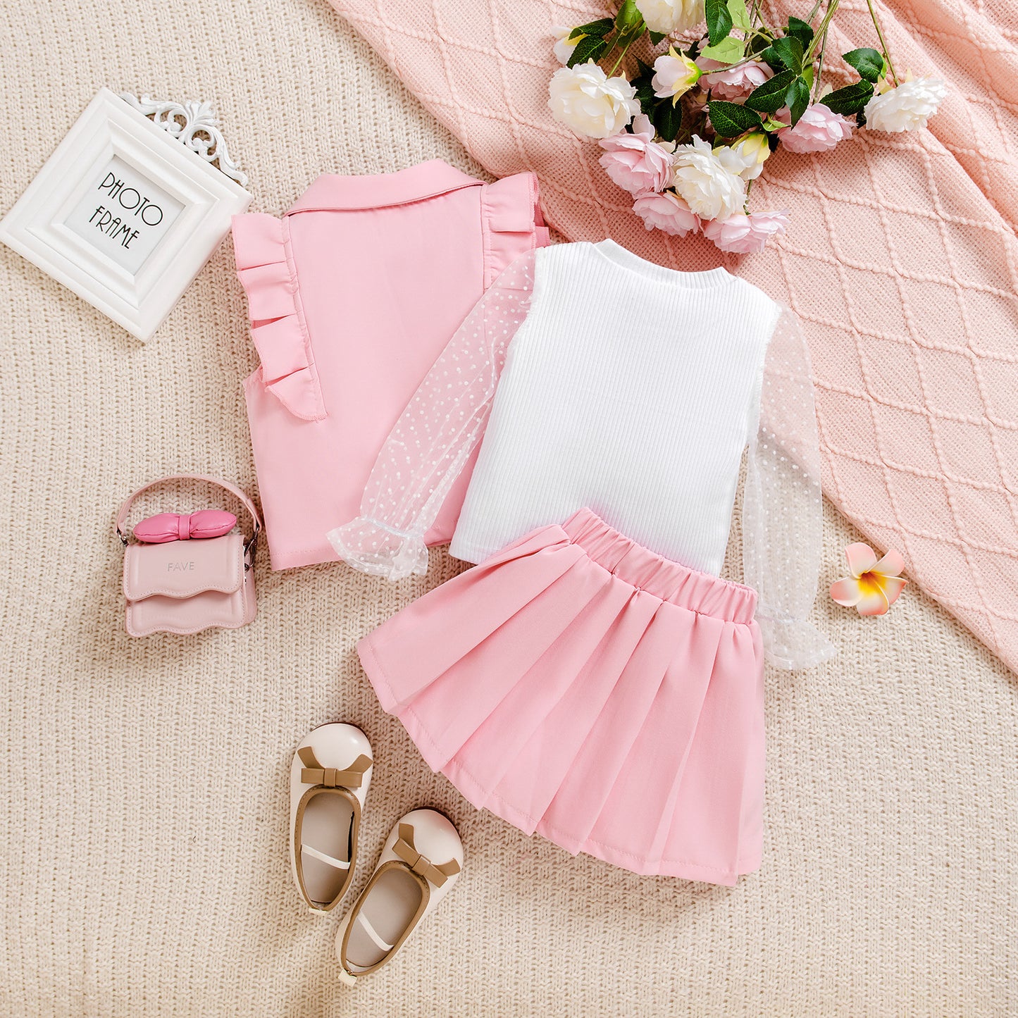 Polka Dot Mesh Sleeve Top Pleated Skirt Sweet Temperament