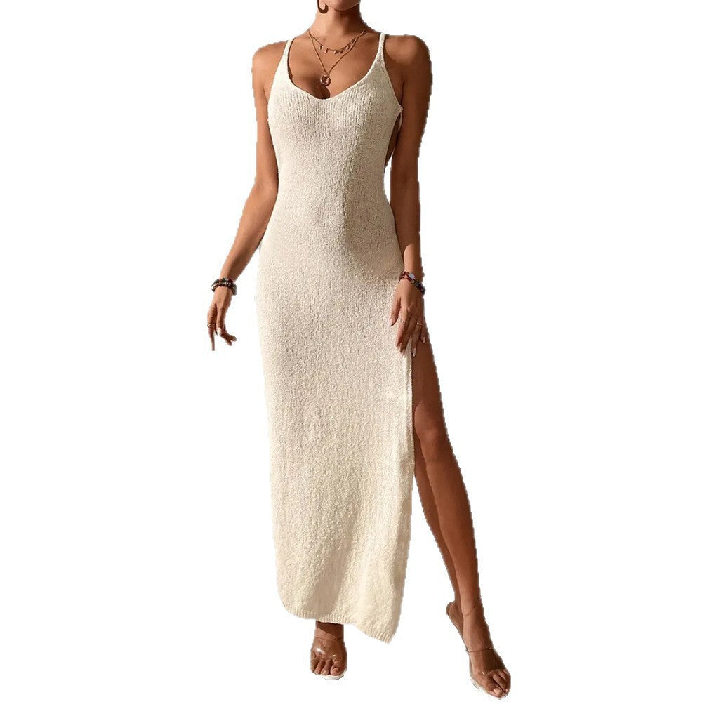 Cutout Slim Fit Slit Spaghetti Straps Knitted Beach Dress
