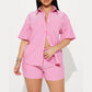 Women's Striped Lapel Short Sleeve Front Cardigan Button Elastic Shorts Suit