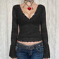 Temperament Red Lace V-neck Mesh Long-sleeved Top For Women