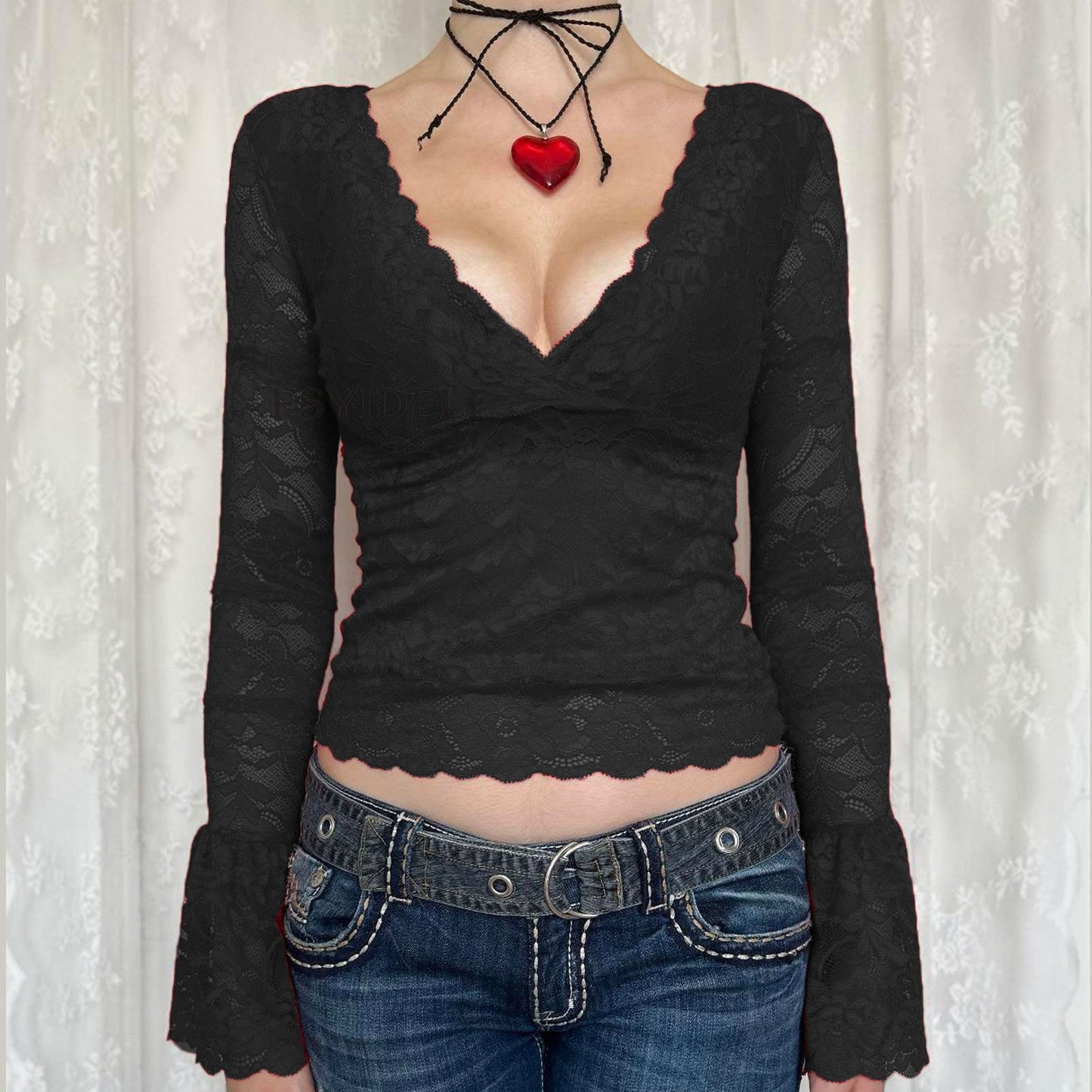 Temperament Red Lace V-neck Mesh Long-sleeved Top For Women