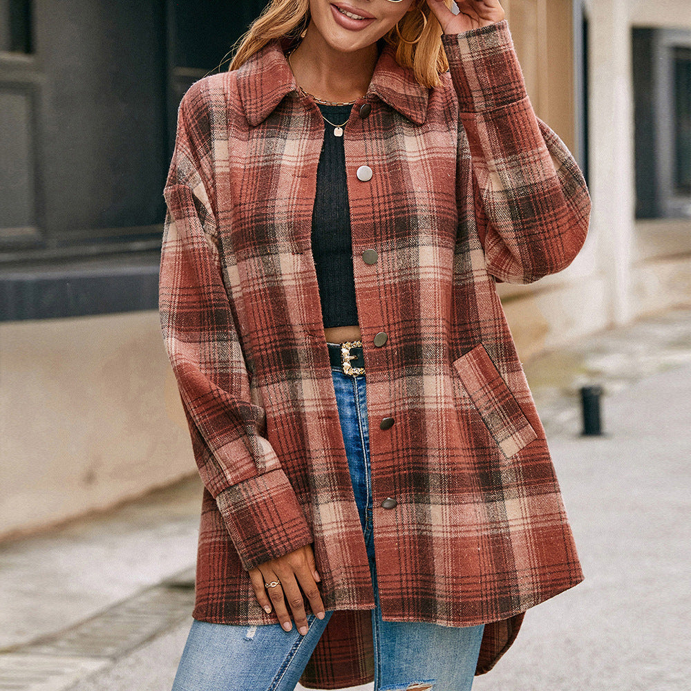 Single Breasted Plush Check Shirt Jacket Top Ladies