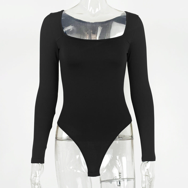 Slim Fit Slimming Square Collar Bottoming Long Sleeve Jumpsuit