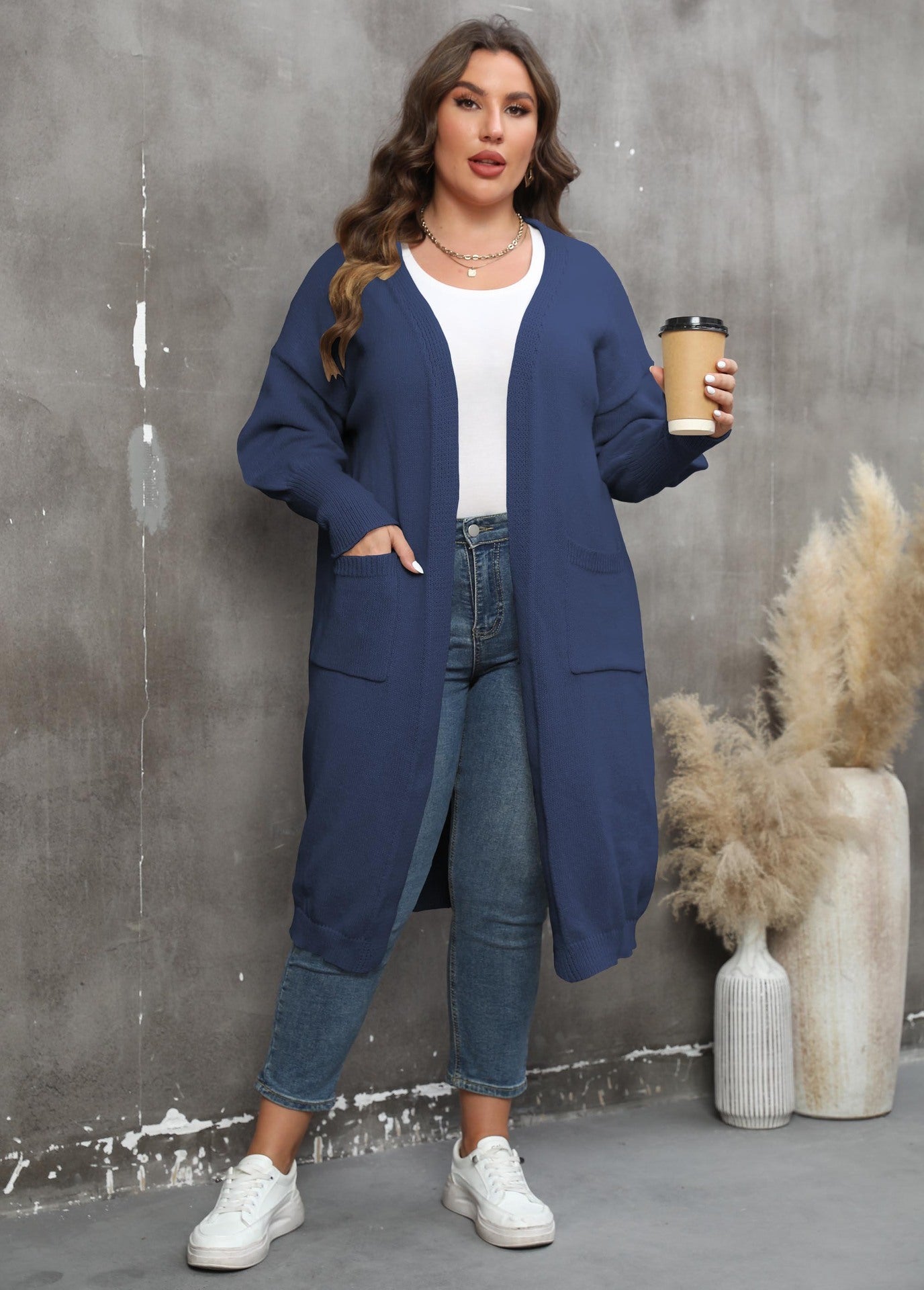 Pull ample mi-long tissé grande taille, style européen et américain, manteau à manches lanternes et double poche