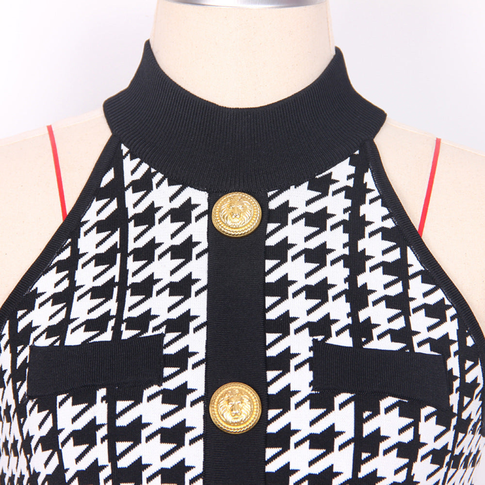 Halter Sleeveless Vest Pleated Houndstooth Short Knitted Dress