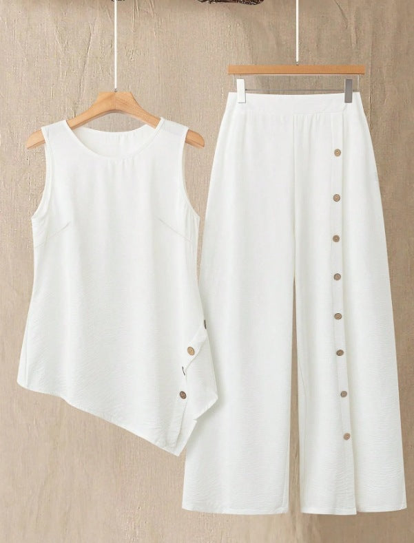 Simple Casual Daily Wear Sleeveless Top And Long Pants Set