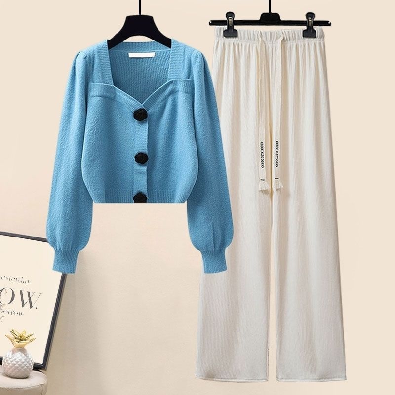 Gentle Puff Sleeve Knit Sweater High Waist Wide Leg Casual Pants Set
