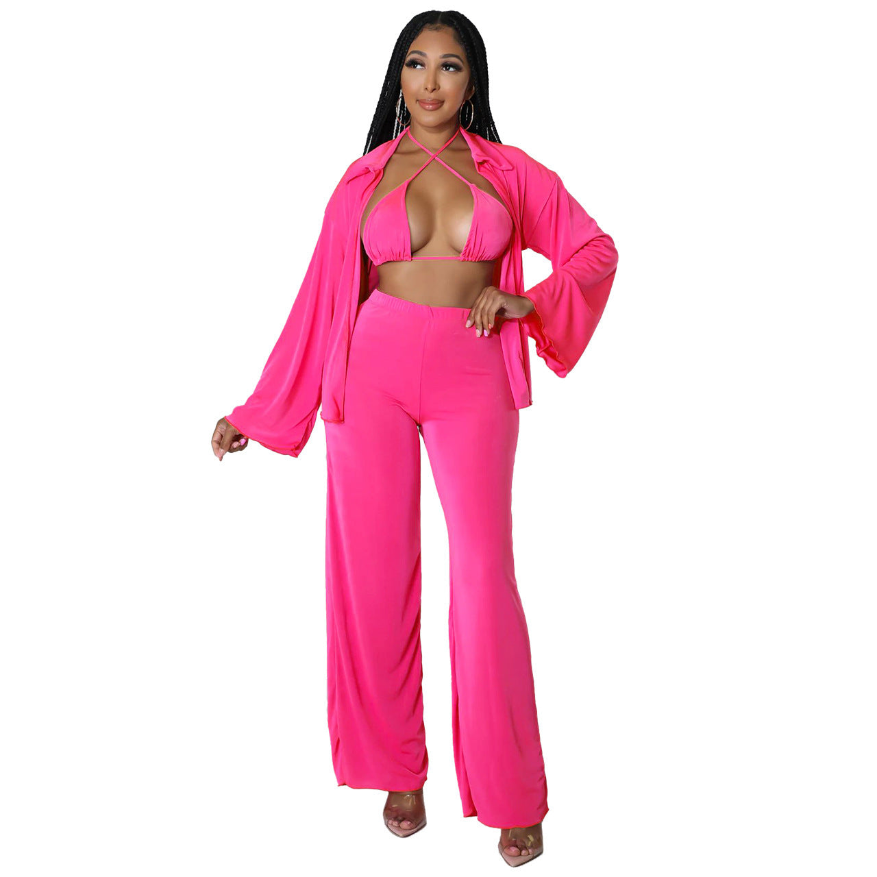 Ensemble bikini décontracté à manches longues et pantalon large pour femme